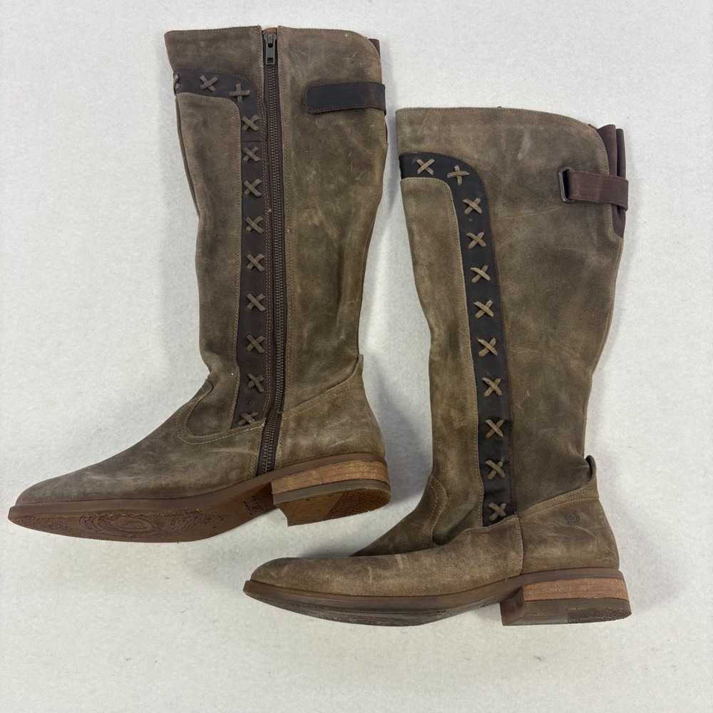 Born Aldi Tall Suede Riding Boots Womens 8 Brown Cross Stitch Katniss Huntress